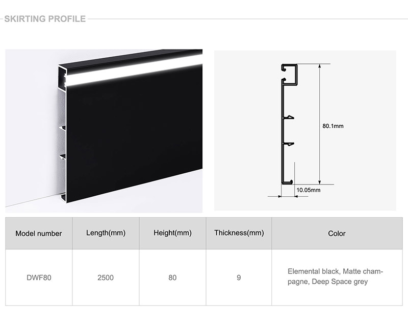 Rodap&eacute; em liga de alum&iacute;nio LED de 80 * 9 mm