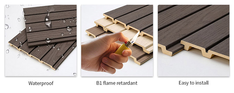 Pain&eacute;is de parede canelados em PVC com acabamento em madeira