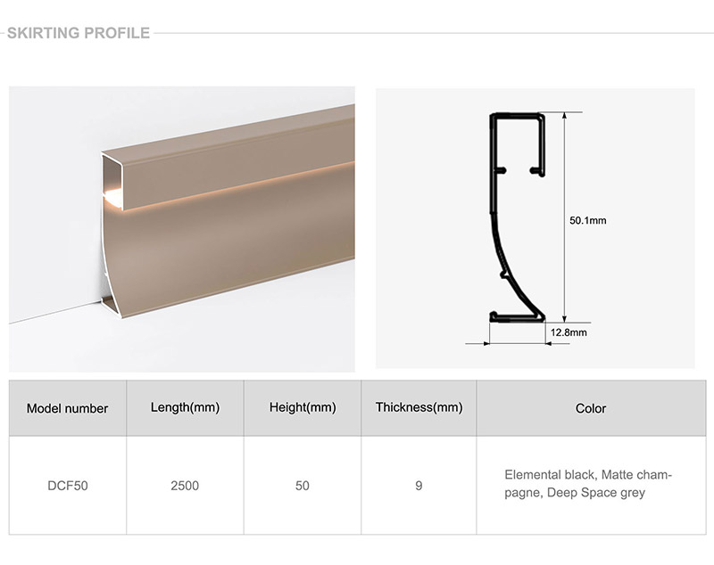 rodap&eacute; de alum&iacute;nio LED de 50*9mm