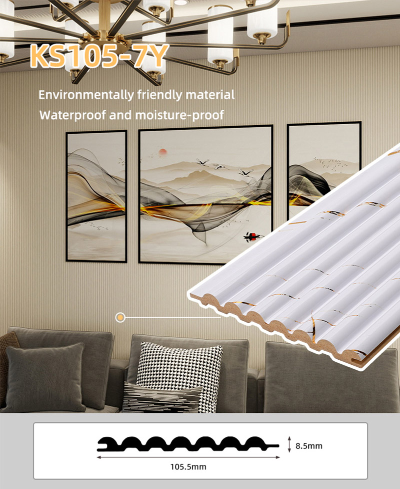 Painel de parede semi-redondo s&oacute;lido com acabamento em m&aacute;rmore branco dourado 105,5 * 8,5 mm 