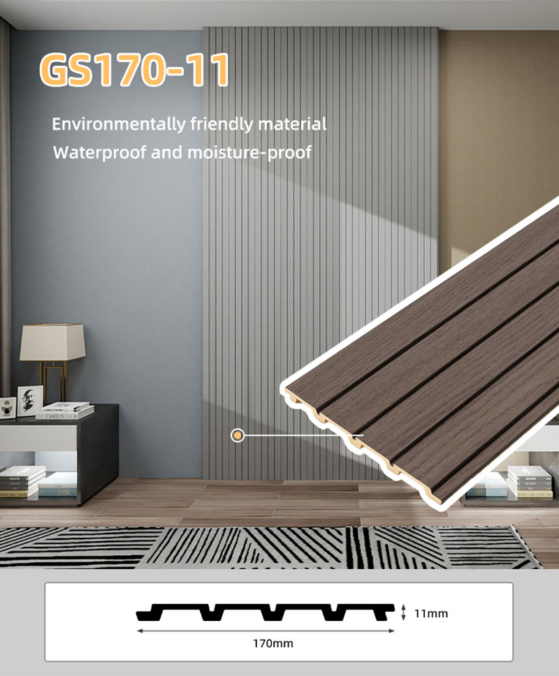 Pain&eacute;is de parede canelados de PVC com acabamento em madeira de 170 * 11 mm