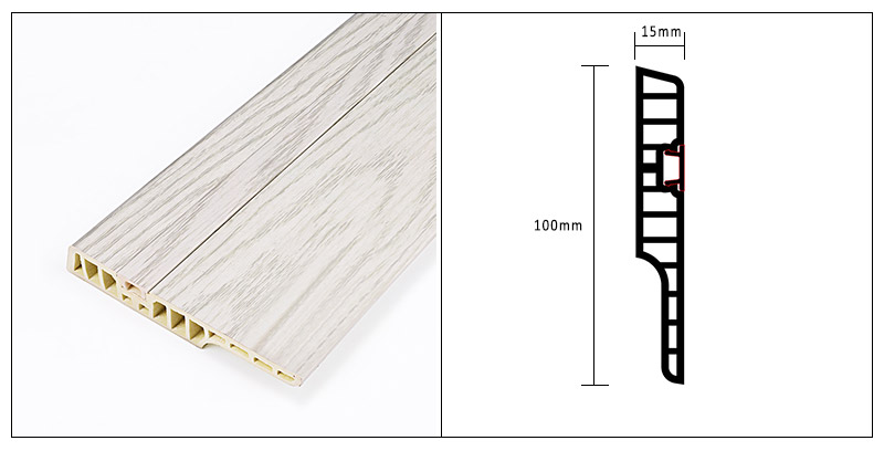 Rodap&eacute; de piso com pregos ocultos em PVC de 100 * 15 mm