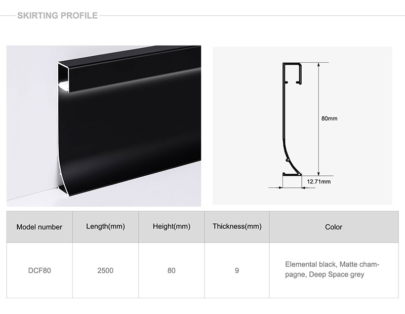 rodap&eacute; de alum&iacute;nio LED de 80 * 9 mm